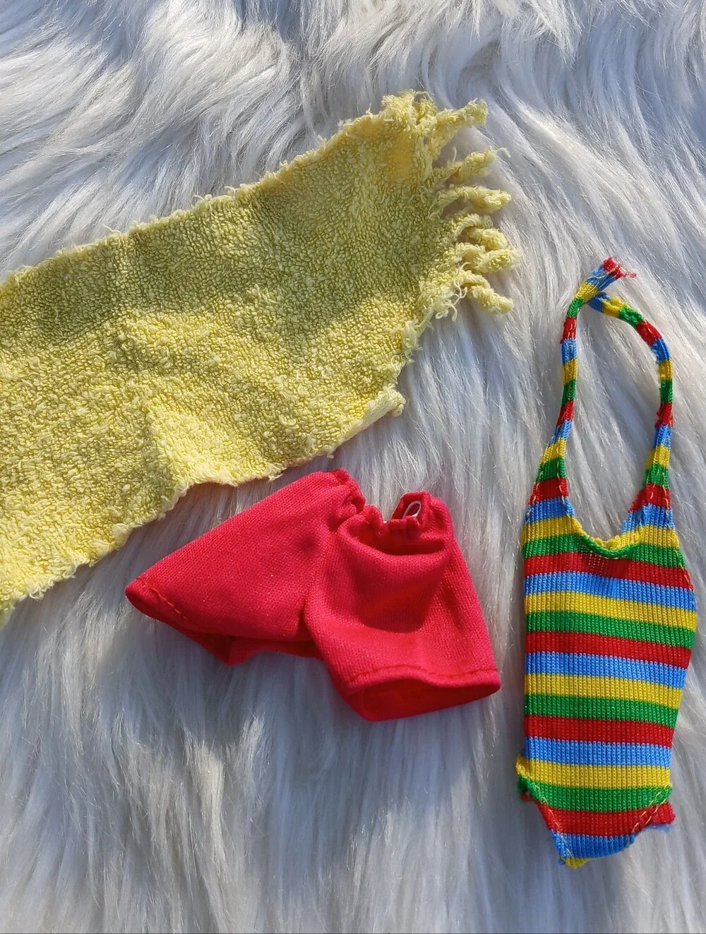 Barbie Vintage Striped Swimsuit Yellow Beach Towel Retro Malibu mod Red Shorts